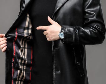 Men Black PU Leather Long Trench Coat  Oversize Fit Pure Black Leather Coat