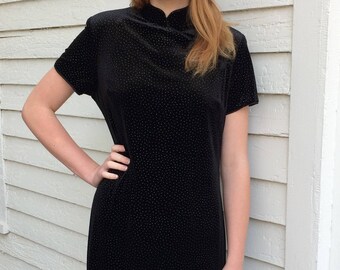 Vintage 90s Velvet Dress Black Long Maxi 14 L XL Cheongsam Silver Dots