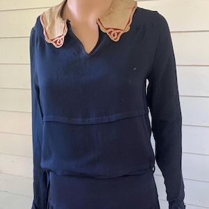 Antique 20s Dress Vintage School Dark Blue Long Sleeve XS