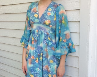 Hippie Dress Angel Sleeves Blue Floral Print Vintage 70s XS