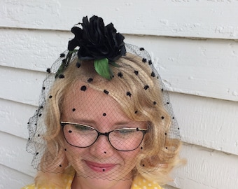 50s Black Rose Whimsy Veil Hat Net Floral Vintage Midcentury