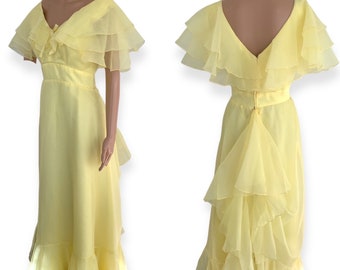 Yellow Princess Gown 70s Formal Vintage Dress XS AS IS