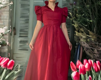 Gothic Gown Burgundy Formal Dark Red Victorian Princess Dress 70s Poof Sleeve XS