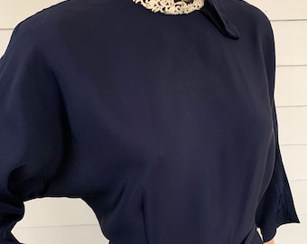 50s 60s Dress Dark Blue Rhinestone Lace Trims Vintage 40 31 44 L