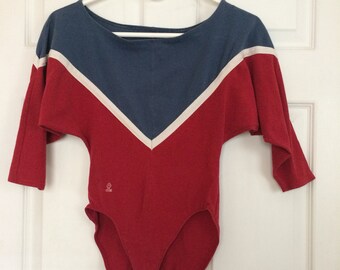 70s Gymnast Leotard Dance Dancer Gymnastics Body Suit Red Blue Chevron Active XS