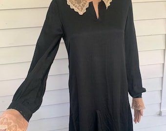 Antique 20s Dress Simple Black Long Sleeve As Is