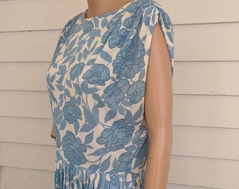 50s Floral Print Dress Blue White Vintage M L 38 Bust 30 Waist