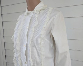 Ivory Cream Pintuck-pleated Blouse Lace details High neck Front buttons Flutter sleeves Romantic women/'s Large Chest 42