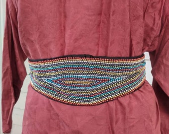 80/'s Wide Beaded White Satin Belt Pastel Beads Accent Belt with Beaded Design Medium to Large