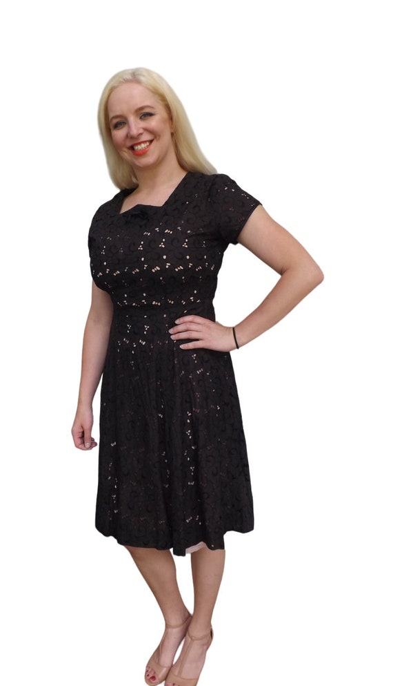 50s Black Dress Open Lace Sheer Vintage M L 38 Bu… - image 4