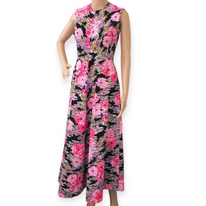 70s Abstract Mod Maxi Dress Floral Print Sleeveless Vintage S