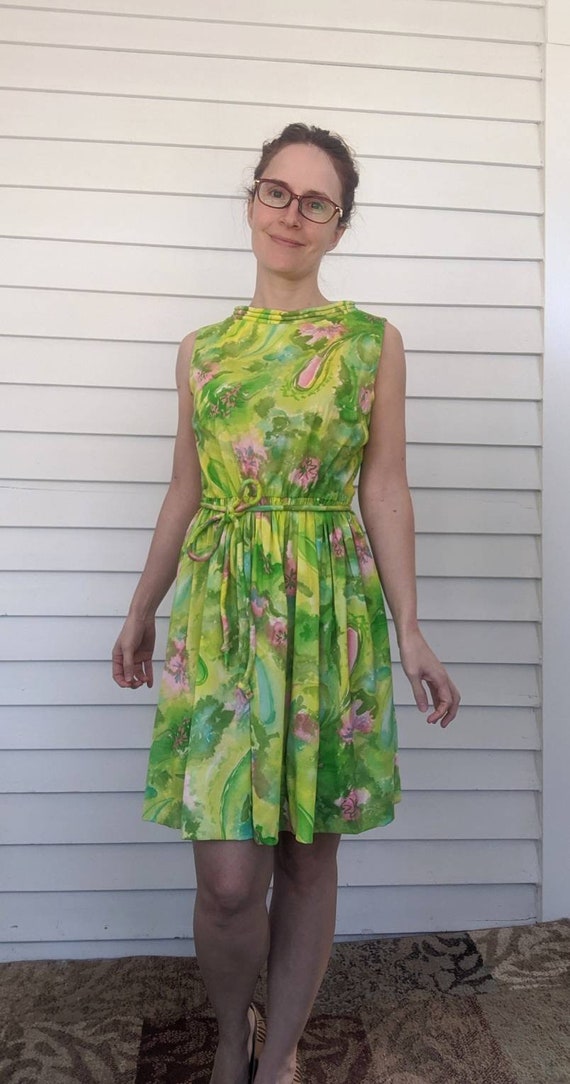 60s Green Floral Dress Sleeveless Mod Print XS Pe… - image 3
