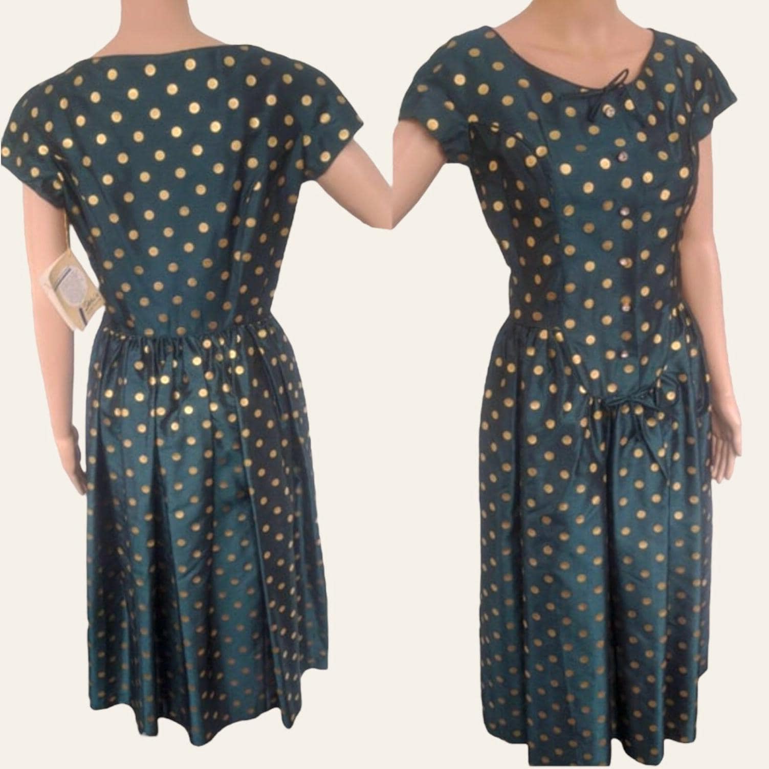 50s Dark Green Gold Polka Dot Dress Vintage Shirley Lee S M 36 28 New Old Stock