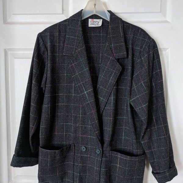 Gris à carreaux laine Blend Blazer veste années 80 Vintage Kathy Davis M