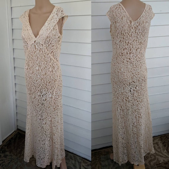 30s Antique Ivory Lace Gown Dress Sheer Deco Brida