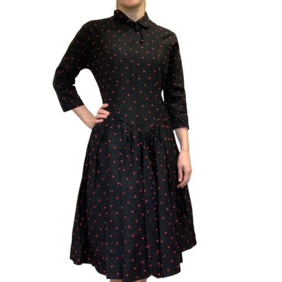 50s Polka Dot Black Dress Red Dots 34 26 S - image 6