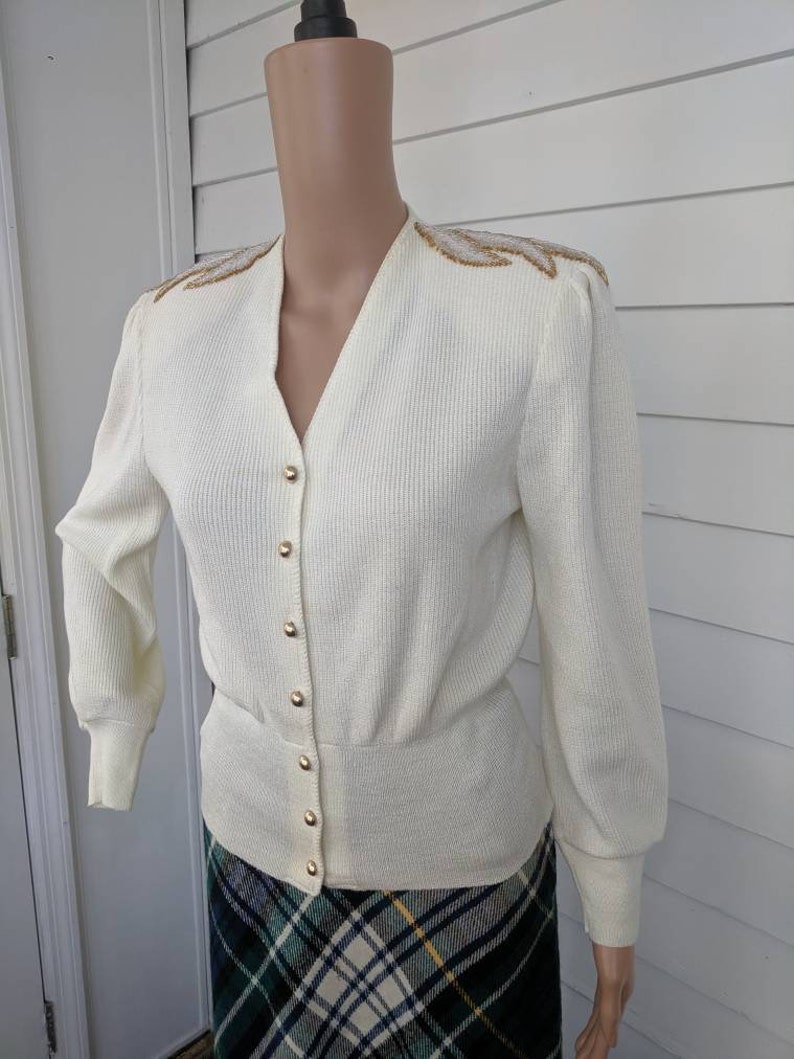 80s Sweater Ivory Beaded Shoulder Jumper Retro Collar Vintage Knit