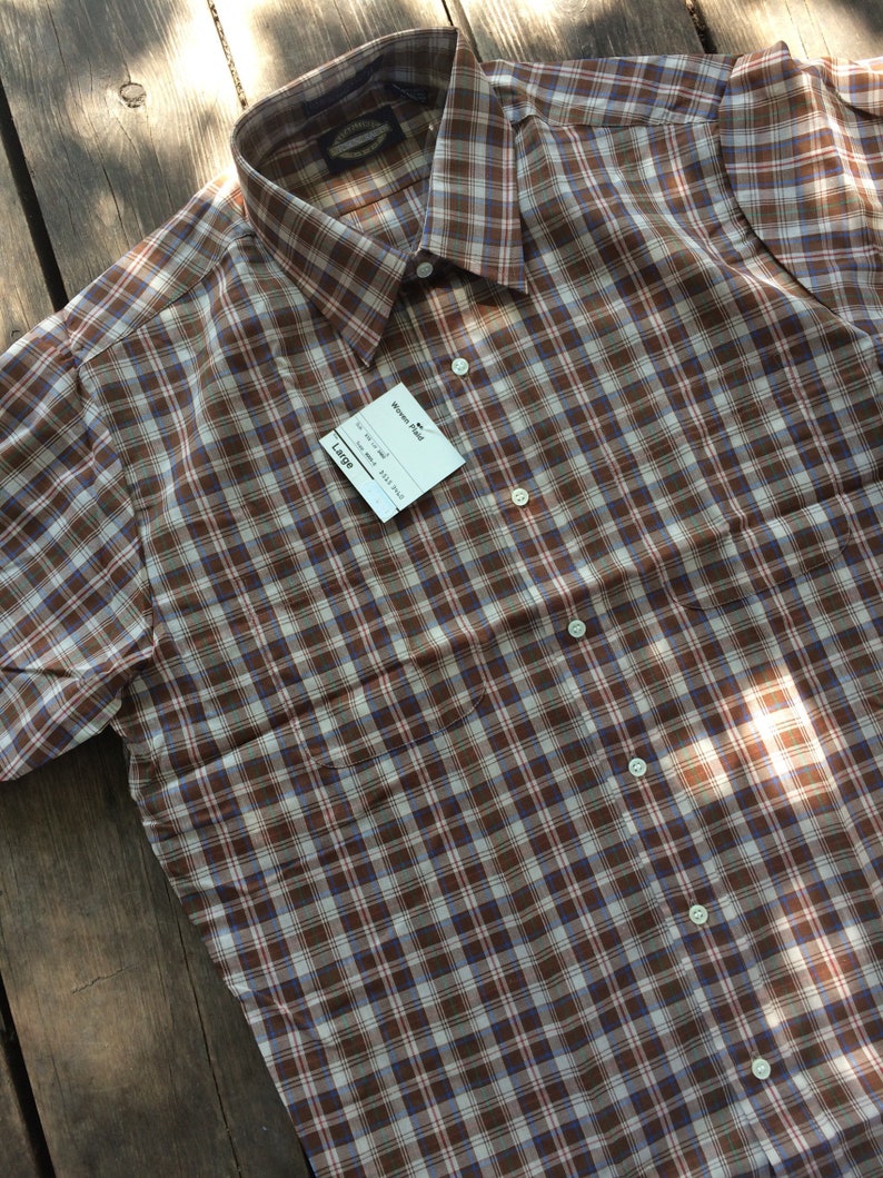 Mens Plaid Summer Shirt Brown Neutral Casual Short Sleeve L