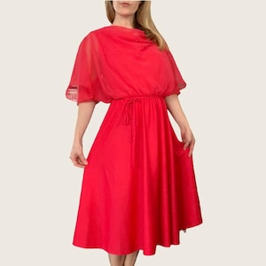 70s Red Chiffon Polyester Beaded Dress Party Vintage S