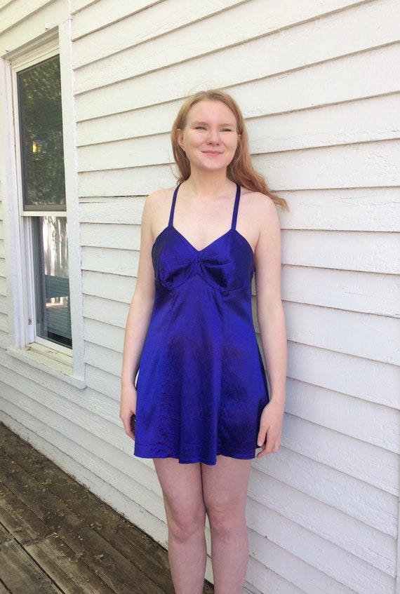 Blue Satin Swimsuit 40s Open Back Bathing Suit One