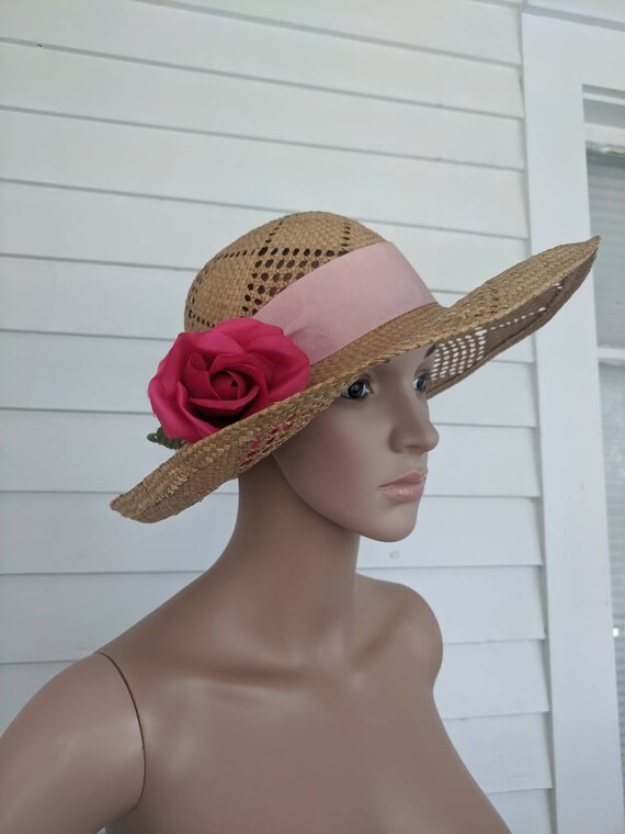 Vintage Straw Summer Hat Wide Brim Ribbon Floral … - image 6