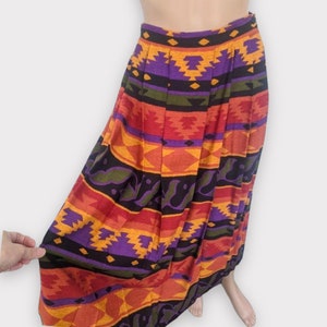 80s Southwest Skirt Pleated Mustard Orange Striped Midi Vintage S