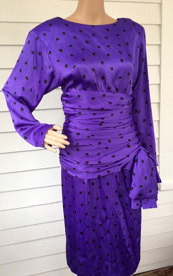 80s Purple Polka Dot Dress I Magnin Vintage Bow S - image 5
