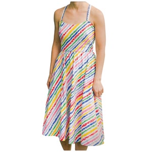 Lanz White Rainbow Striped Dress Open Cross Back Vintage Summer Sundress 80s XS