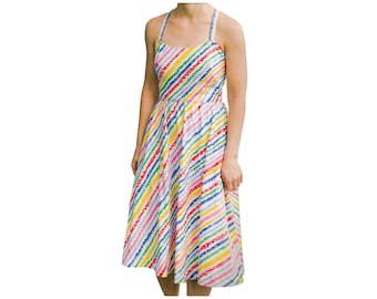 Lanz White Rainbow Striped Dress Open Cross Back Vintage Summer Sundress 80s XS
