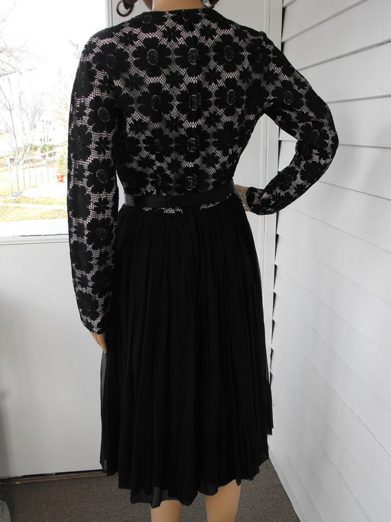 60s Black Floral Lace Dress Party Pleated Long Sl… - image 8