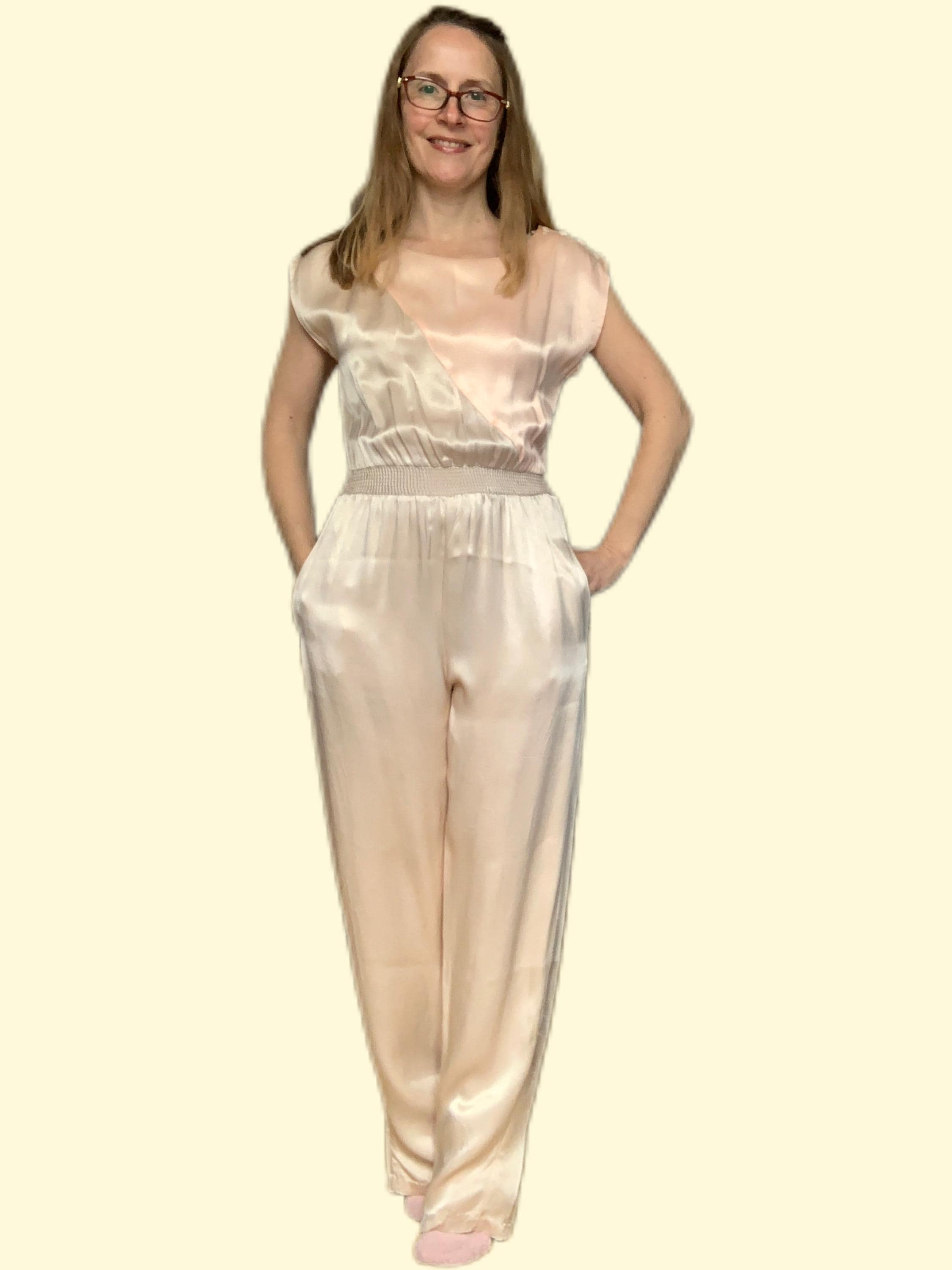80s Satin Jumpsuit Blush Neutral Gold Sand Vintage XS