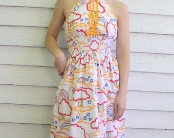 Denise are Here Mini Dress White Print Vintage 70s Hippie XS