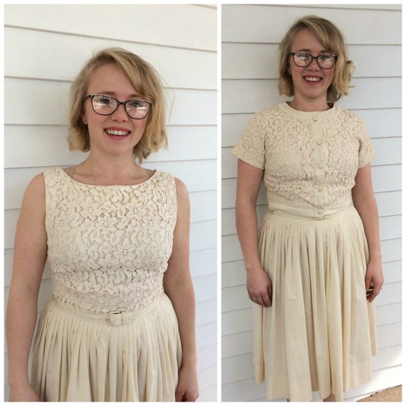 50s Dress Ivory Lace Bolero Summer Full Skirt Sle… - image 2