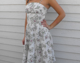 50s White Print Dress 1950s Bombshell Summer Sun XS Nardis