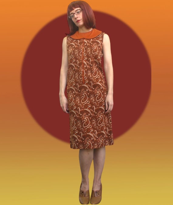 60s Mod Print Dress Rust Spice Sleeveless Vintage… - image 1