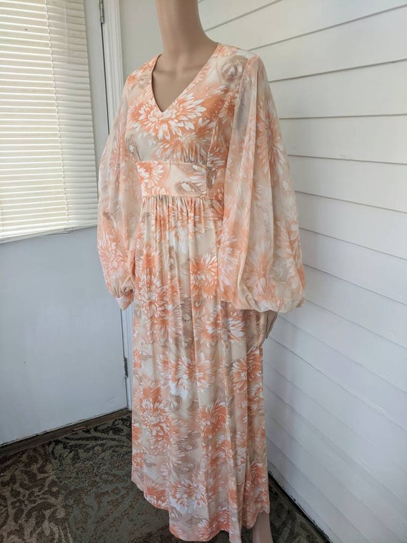 70s Peach Maxi Dress Hippie Floral Long Bishop Sle