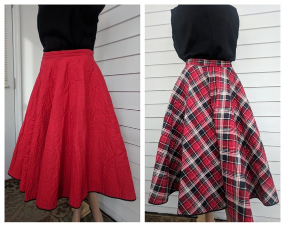 50s Reversible Circle Skirt Quilted Plaid Red Solid Full | Etsy