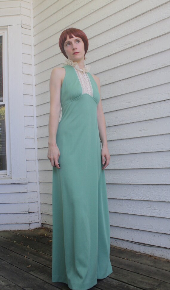 70s Lace Collar Green Dress Retro Victorian Maxi … - image 8