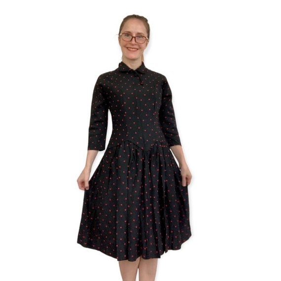 50s Polka Dot Black Dress Red Dots 34 26 S - image 5