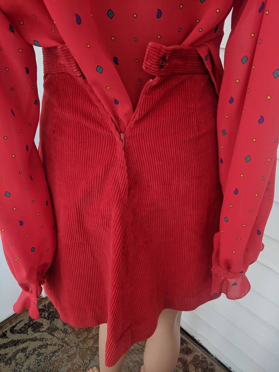 60s Red Corduroy Knee Skirt 22 Waist XXS Vintage - image 5