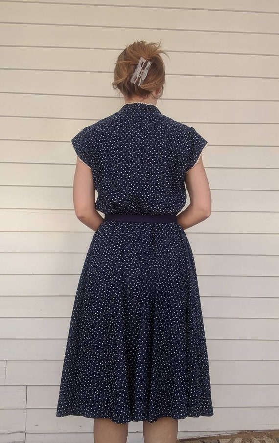 70s Blue Print Dress Retro Full Skirt Vintage Cas… - image 7