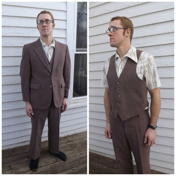 70s Mens Brown Suit Vintage 3 piece 42