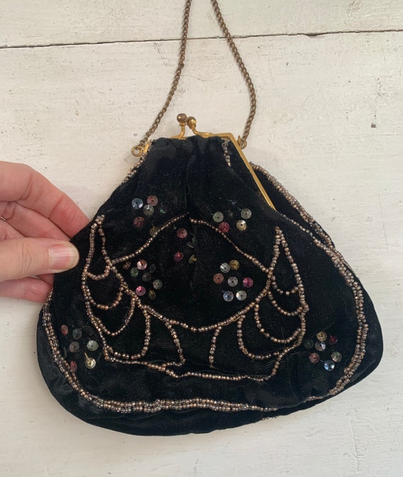 Black Velvet Beaded Sequin Mini Purse Antique - image 7