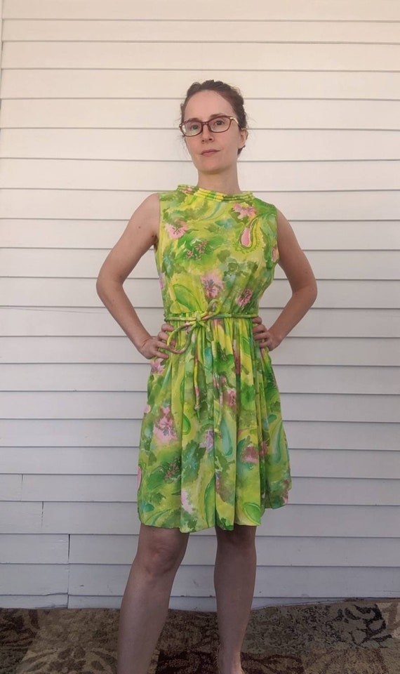 60s Green Floral Dress Sleeveless Mod Print XS Pe… - image 7
