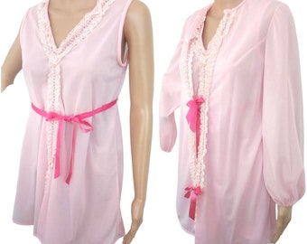 Pink Short Nightgown Sheer Tricot Gown Lingerie Peignoir Vintage 70s Sheer XS S