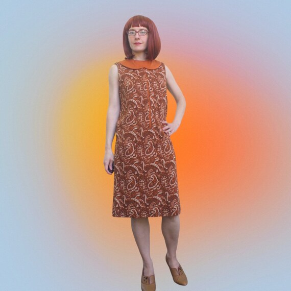 60s Mod Print Dress Rust Spice Sleeveless Vintage… - image 2