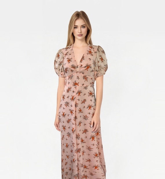 70s Maxi Dress Hippie Floral Long Vintage S Peach - image 6