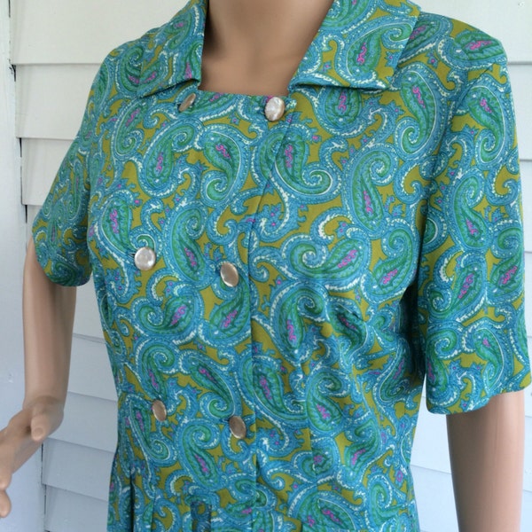 60s Print Dress Vintage Shelton Stroller Blue Green Paisley Nylon 38 Bust