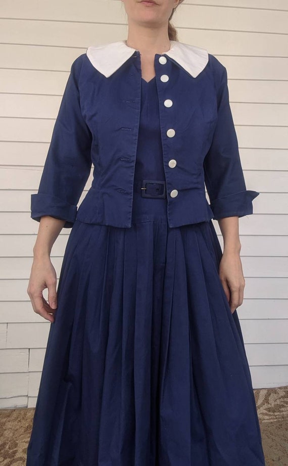 50s Blue Sleeveless Dress with Bolero Jonathan Lo… - image 6