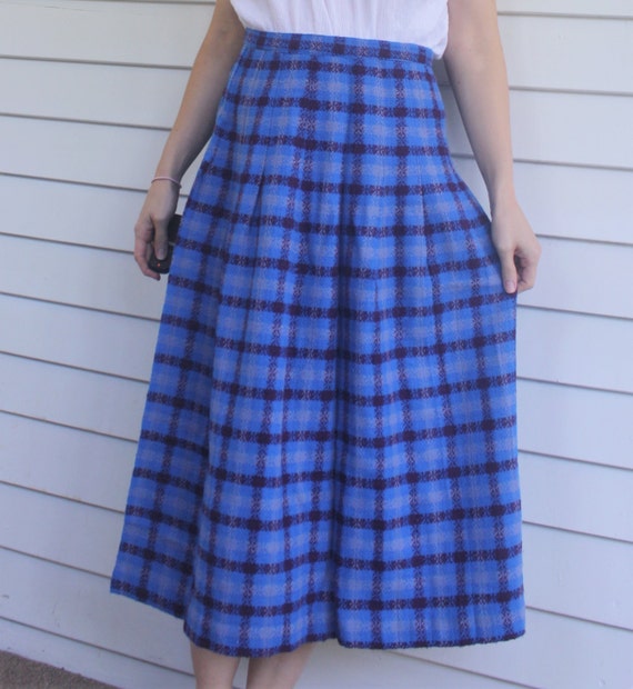 Blue Plaid Long Skirt 50s 60s Knit Vintage S 26 Waist | Etsy